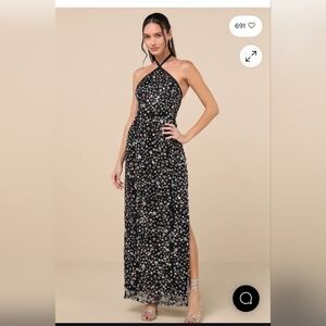 Edalene Black Mesh Sequin Beaded Halter Maxi Dress